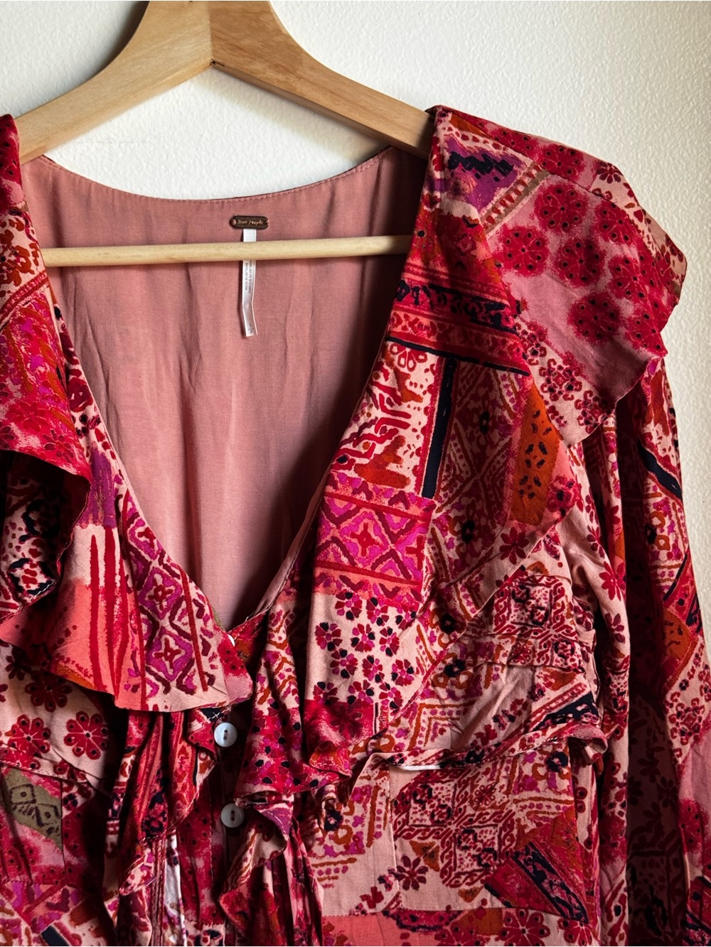 Free People Pink & Red Patterned Maxi Dress with Ruffle V-Neck - Picture 3 of 8